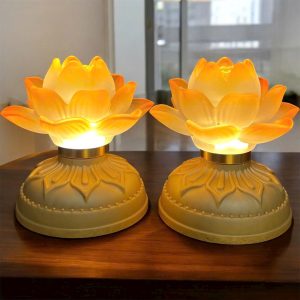 Đèn Hoa Sen Lưu Ly Cầu Thần Tài Tán Sắc Hổ Phách – Nguồn Sáng An Nhiên Không Dây Cho Ban Thờ Việt